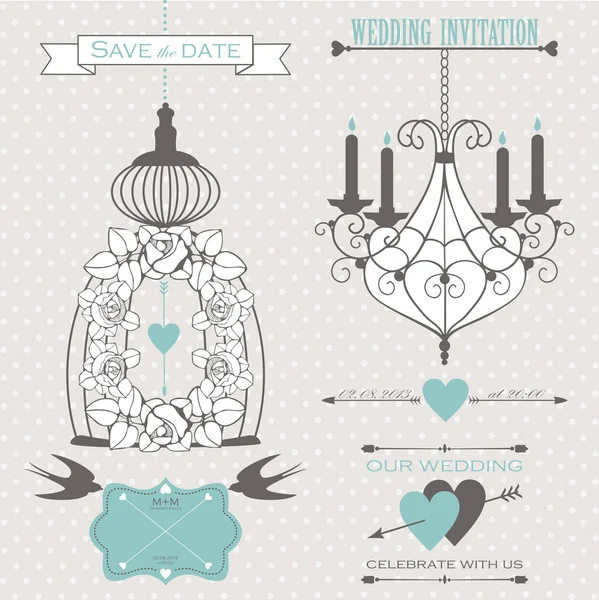 Wedding design elements with decorative cage, candles and birds. — Stock Vector