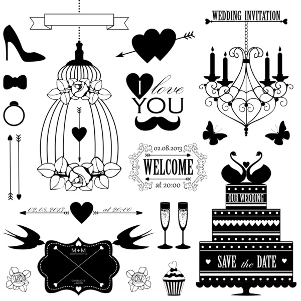 Decorative wedding design elements and signs — Stock Vector