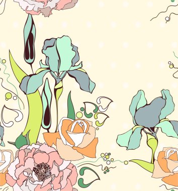 vektör arka plan ile süs iris, Şakayık ve gül çiçek