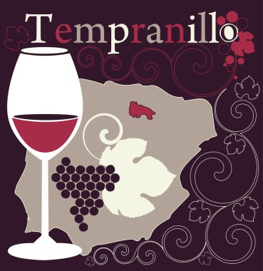 Vector illustration with glass for Spanish red wine on the background with Spain map, grapes and flowers ornament clipart