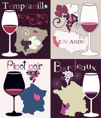 Vector set with four decorative illustrations with glasses for red wine from California, France, Spain and grapes region map clipart