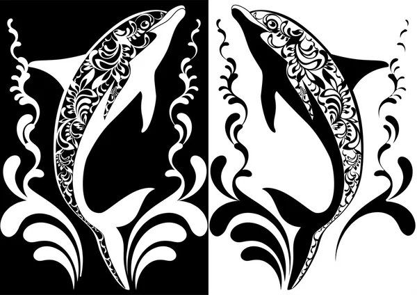 Two ornamental dolphins with decorative flourish elements on white and black background — Stock Vector