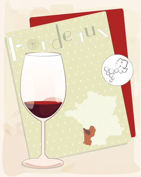 矢量设计菜单、 请柬、 卡玻璃与法国红酒-波尔多与法国地图背景上的降低了饰品 — 图库矢量图片