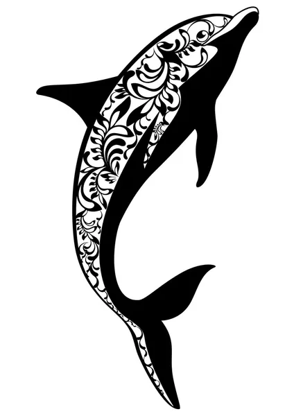 Ornamental black dolphin with decorative flourish elements on white background — Stock Vector