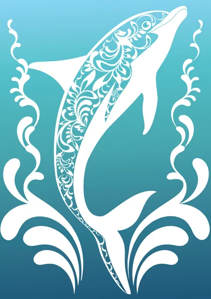 Blå prydnads dolphin med färgglada dekorativa blomstra element på havet bakgrund — Stock vektor