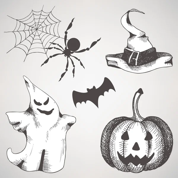 Conjunto vintage de ilustraciones de halloween dibujadas a mano — Vector de stock