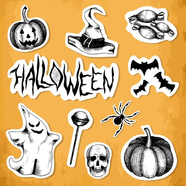 Vector halloween adesivo no fundo envelhecido. Elementos desenhados à mão para festa de Halloween — Vetor de Stock