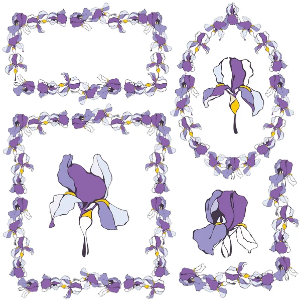 Vektör çerçeveler ve iris çiçeği için tasarım öğeleriyle sanatsal set — Stok Vektör