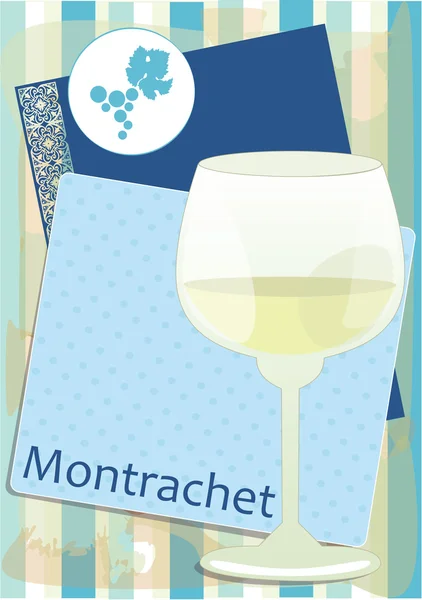 การออกแบบเวกเตอร์สําหรับเมนู, การเชิญ, การ์ดที่มีแก้วสําหรับไวน์ฝรั่งเศสสีขาว - Montrachet บนพื้นหลังตกแต่งด้วยลายเส้น — ภาพเวกเตอร์สต็อก