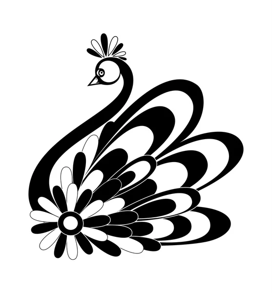 Silueta de pájaro vector decorativo blanco y negro con adorno gráfico floreciente — Archivo Imágenes Vectoriales