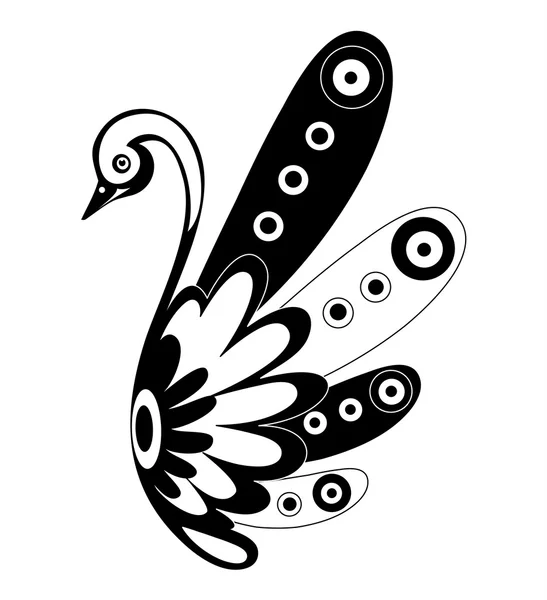 Silueta de ave vectorial decorativa en blanco y negro con adorno gráfico floral — Archivo Imágenes Vectoriales
