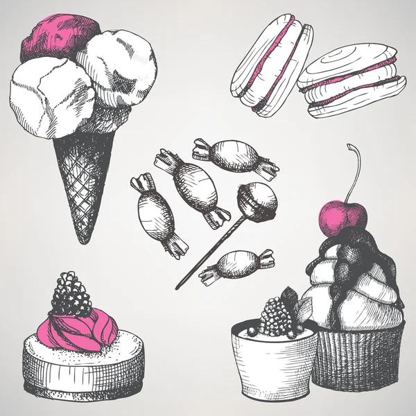 Gâteau sucré vintage et fond de bonbons. Sans couture Modèle dessiné à la main . — Image vectorielle