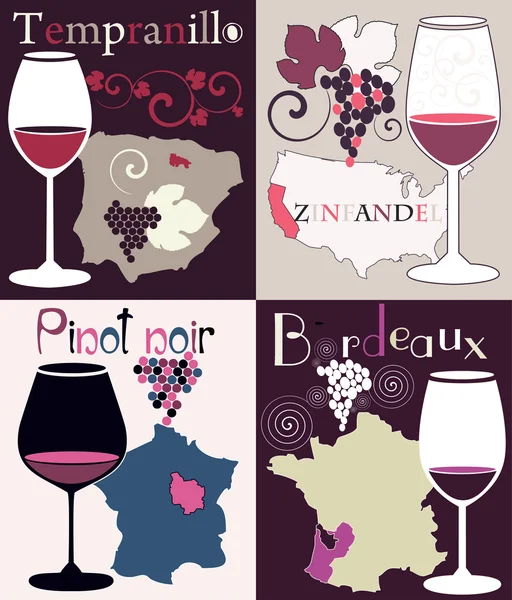 Vector set with four decorative illustrations with glasses for red wine from California, France, Spain and grapes region map — Stock Vector