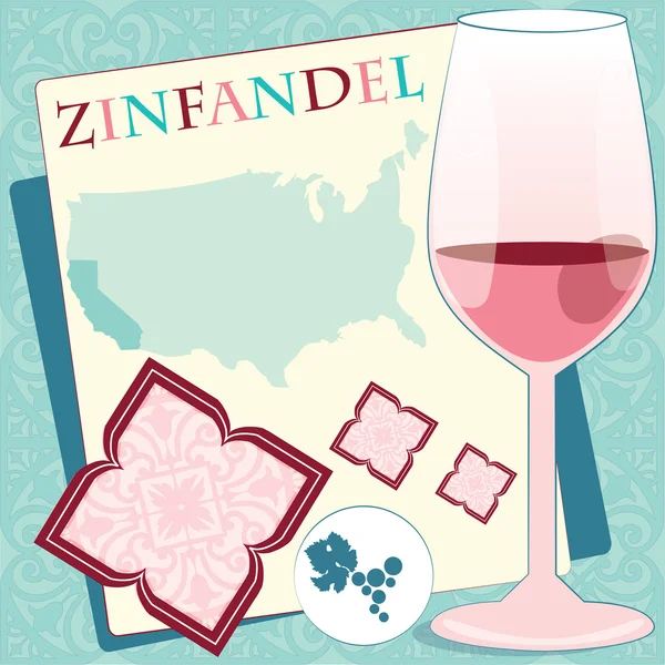 Dekorativní design pro menu, pozvánky, karta se sklem pro Kalifornie červené víno - zinfandel na pozadí arabeska — Stockový vektor