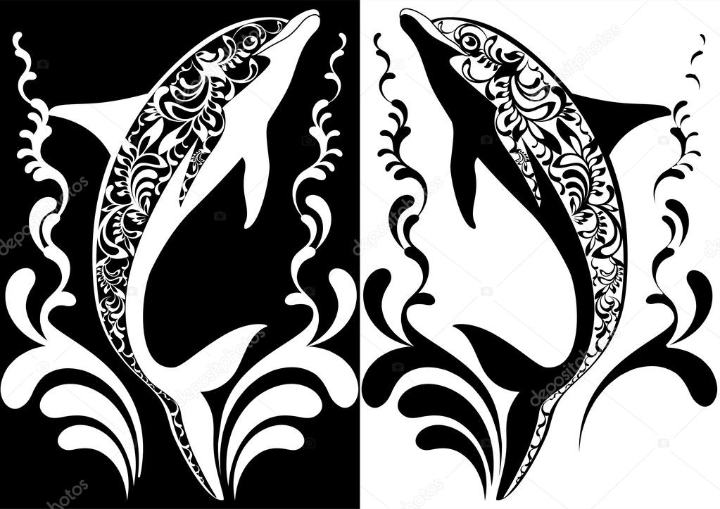 Two ornamental dolphins with decorative flourish elements on white and black background