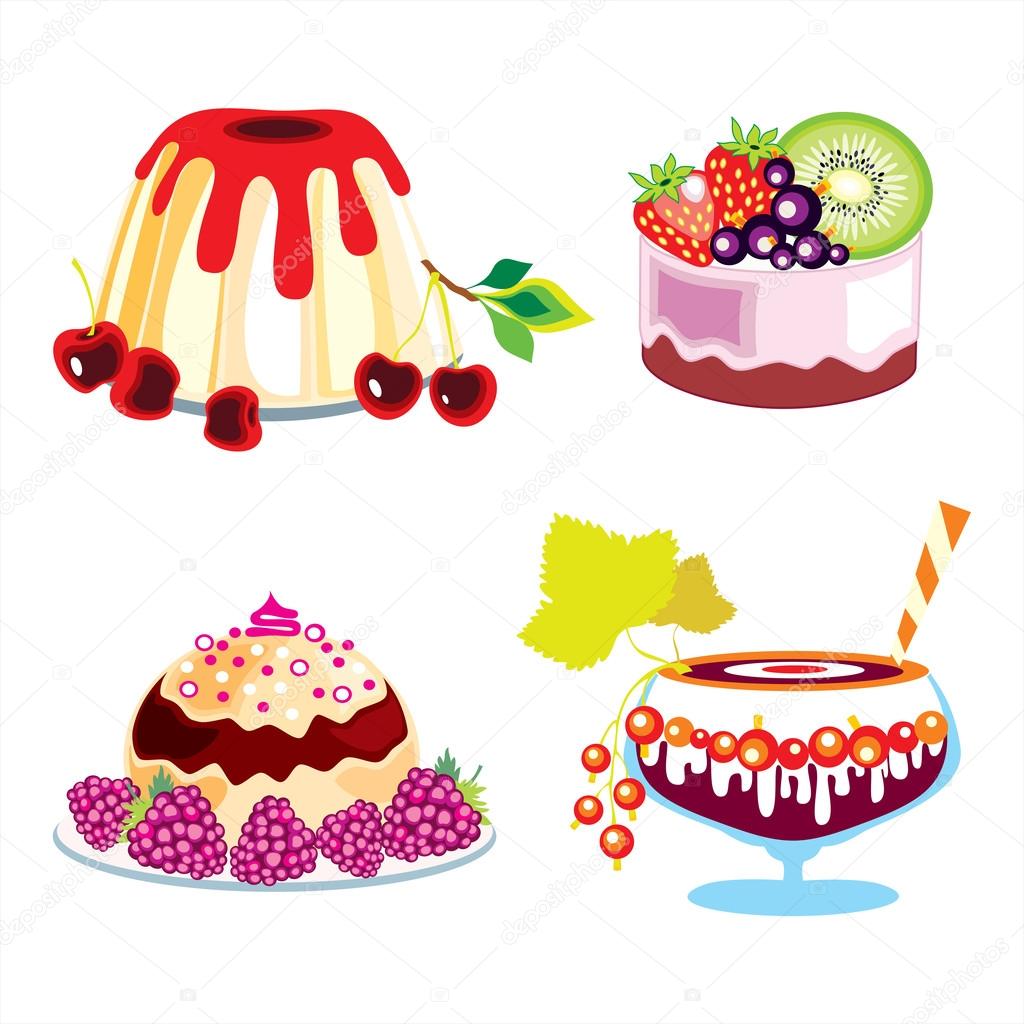 Set of desserts and cakes with different berries and fruits