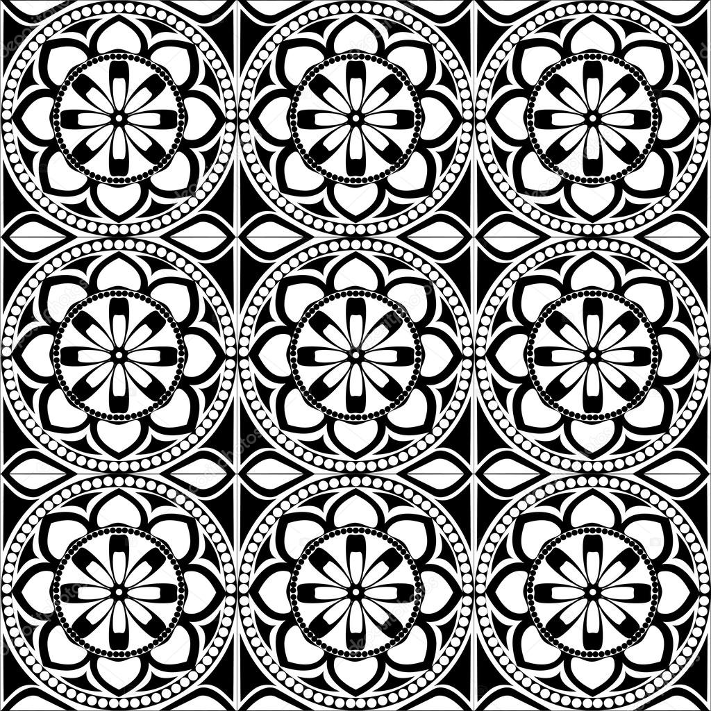 Seamless pattern with vector rosette with floral and geometrical ornament. Black and white illustration