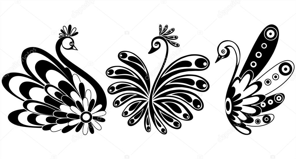 Vector set with three ornamental fantastic swans - birds with flourishes ornaments
