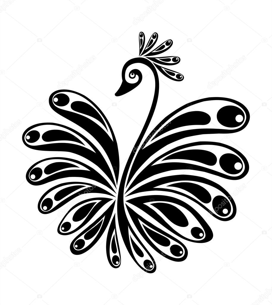 Black decorative vector bird silhouette with floral graphic ornament on white background