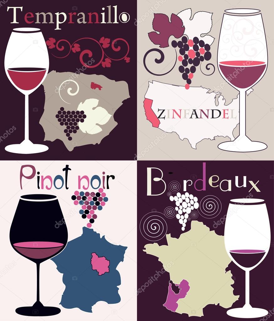 Vector set with four decorative illustrations with glasses for red wine from California, France, Spain and grapes region map