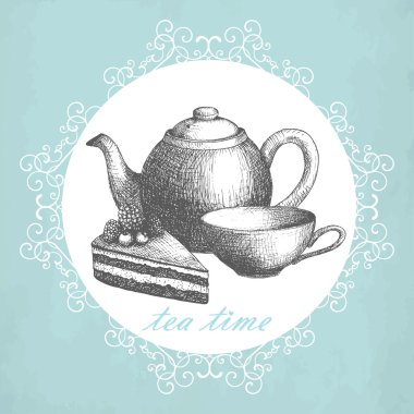 elle çizilmiş çay töreni elemanları ile Vintage kartı veya davetiye tasarım.