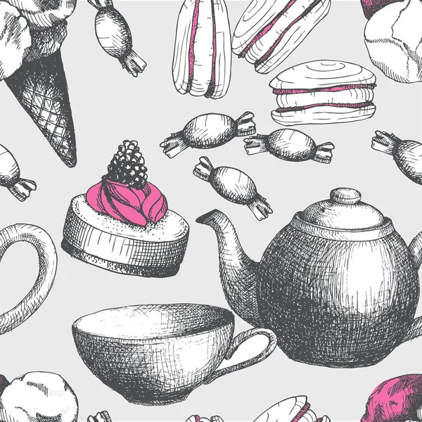 Gâteaux sucrés dessinés à la main, bonbons, crème glacée et fond théière . — Image vectorielle