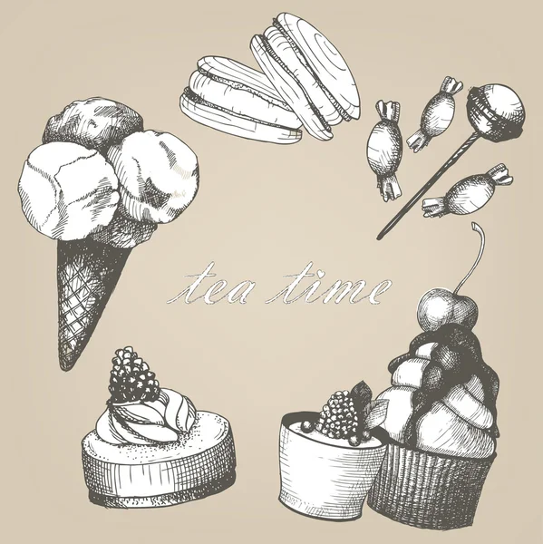 Vektor-Set von süßen Kuchen und Bonbons background.hand gezeichnete Symbole — Stockvektor