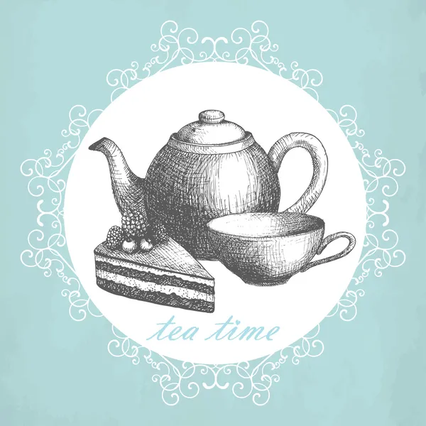 Elle çizilmiş çay töreni elemanları ile Vintage kartı veya davetiye tasarım. — Stok Vektör