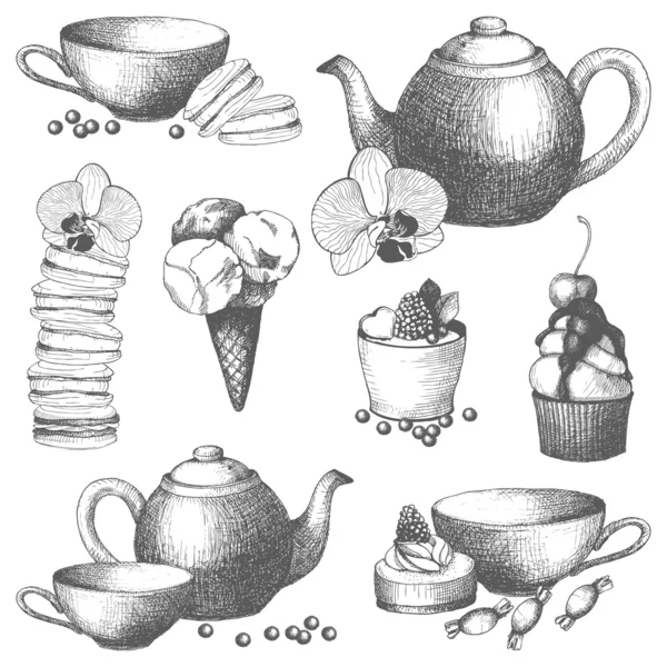 Conjunto vectorial de tarta dulce vintage, caramelos y tetera. Ilustraciones dibujadas a mano de té aisladas en blanco — Vector de stock
