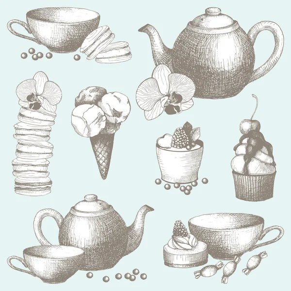 Vector set of vintage sweet cake, candies and teapot. Hand drawn tea time illustrations. — Stock Vector