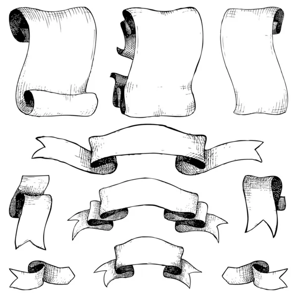 Set vectorial de panglică trasă manual și bannere izolate pe alb — Vector de stoc