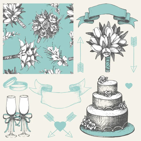 Colección vectorial de elementos de diseño de bodas. Decoración de boda dibujada a mano. Patrón floral sin costuras — Vector de stock