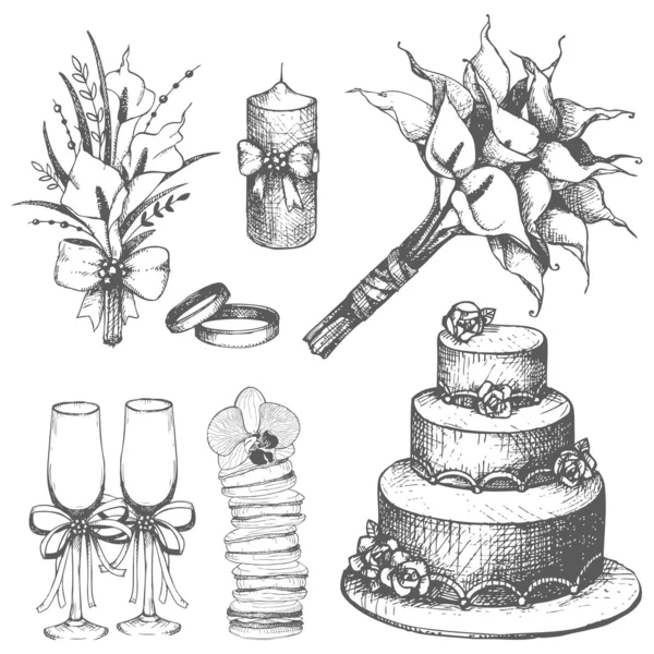 Elementos dibujados a mano de boda aislados en blanco — Vector de stock
