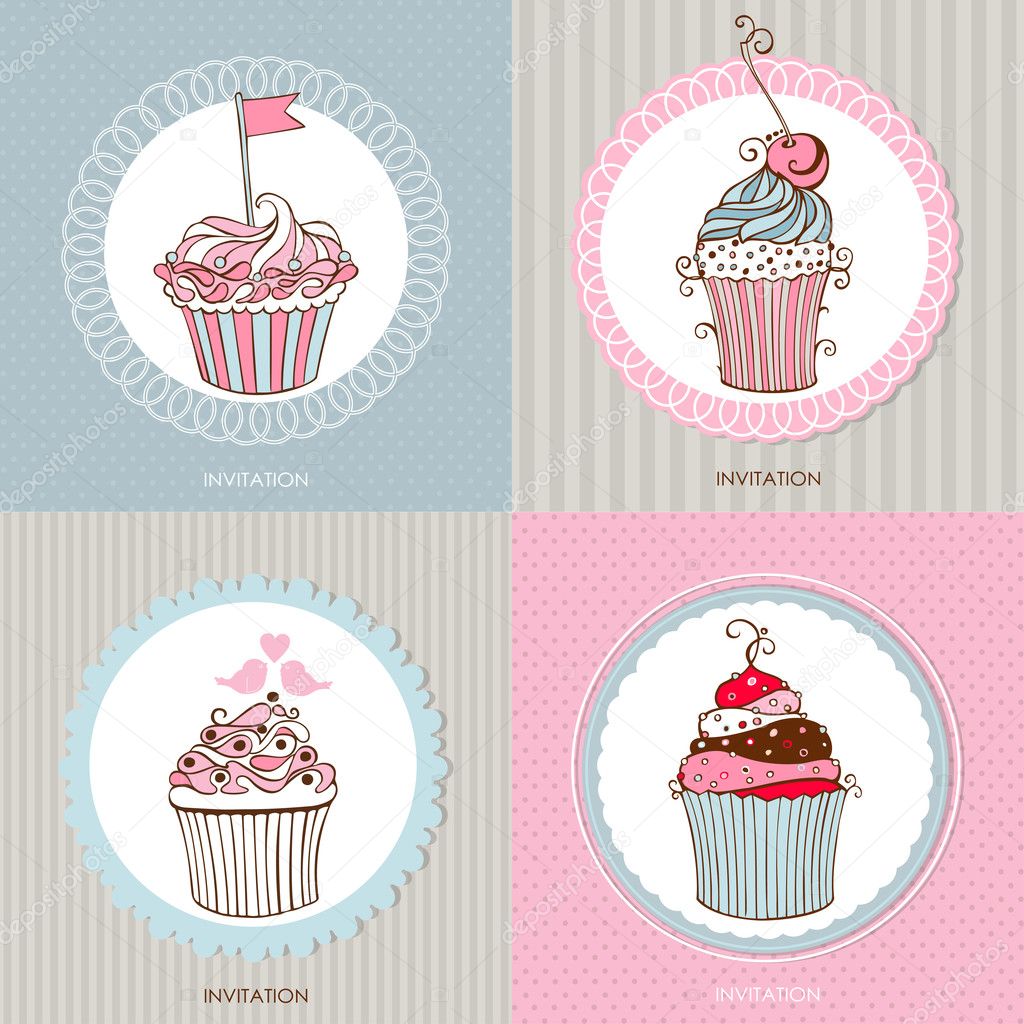 Decorative hand drawn sweet cupcakes cards