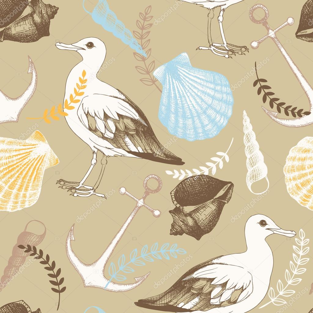 Vector pattern with hand drawn sea illustrations