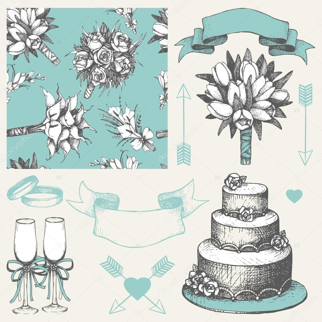 Vector collection of wedding design elements. Hand drawn wedding decoration. Seamless floral pattern