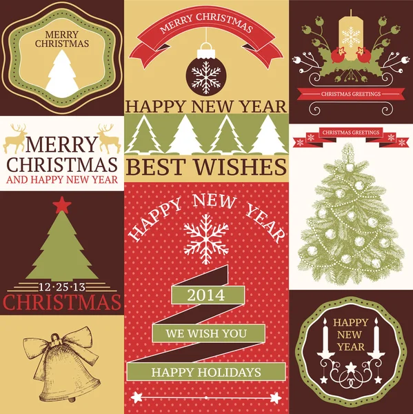 Vector collection of Christmas and New year's stickers and cards with hand drawn illustrations in retro colors — Stock Vector