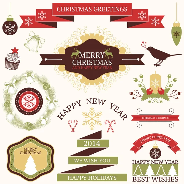 クリスマスと新年のグリーティング カードや招待状のデザインのグラフィック要素のベクトル コレクション — ストックベクタ