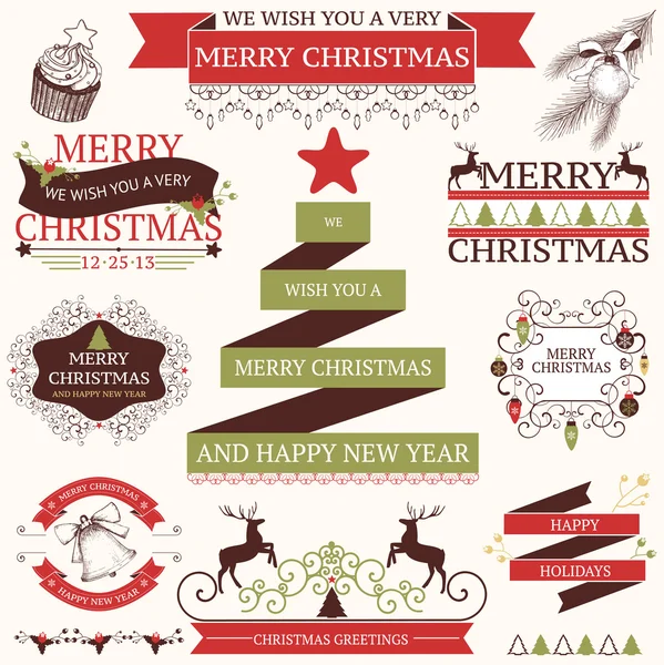 Vector collection of graphic elements for Christmas and New year's design in retro colors — Stock Vector