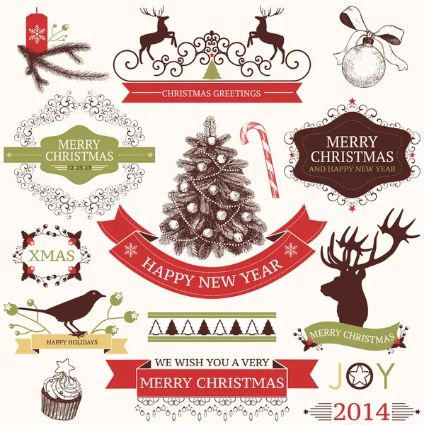 Vector collection of graphic elements for Christmas and New year's design in retro colors — Stock Vector