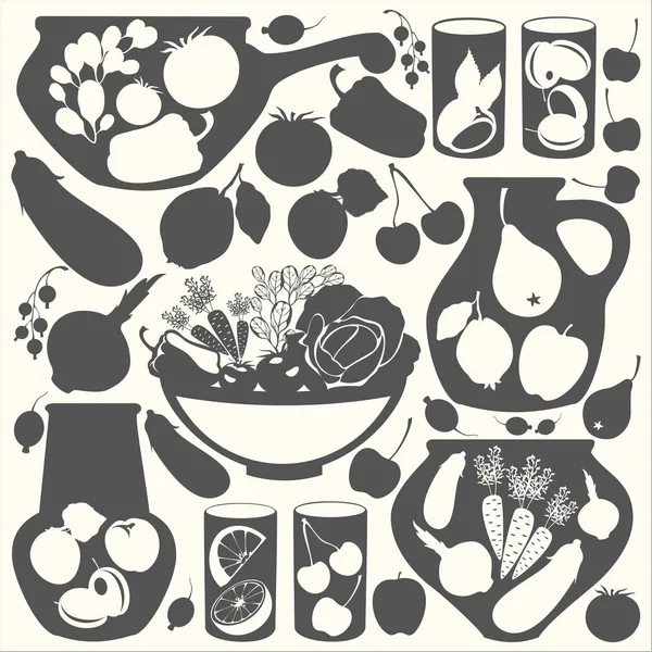 Set with abstract food stickers - vector black silhouettes. — Stock Vector