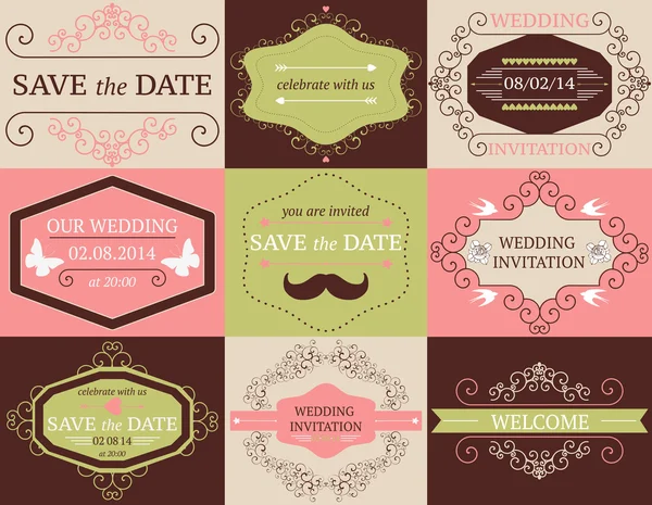 Conjunto vectorial de marcos y tarjetas de boda decorativos — Vector de stock