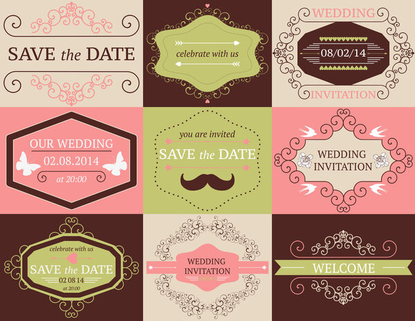 Vector set of decorative wedding frames and cards