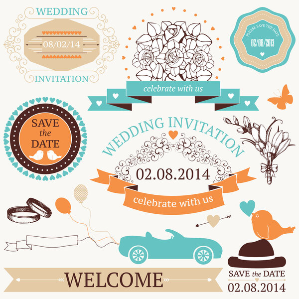 Vector set of wedding design elements and decoration with hand drawn illustrations