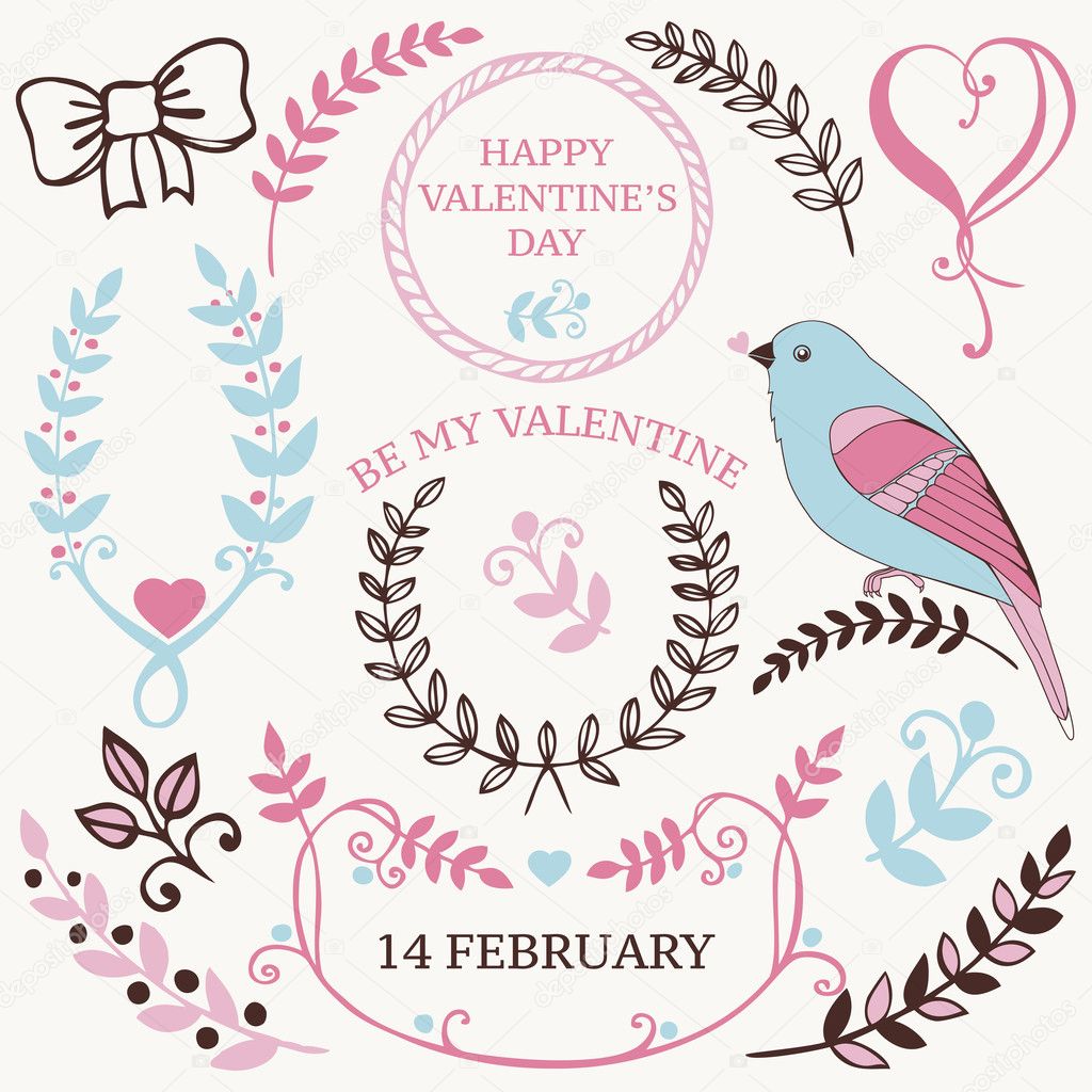 Vector set of Valentine's day design elements and borders for wedding card or invitation with decorative illustrations