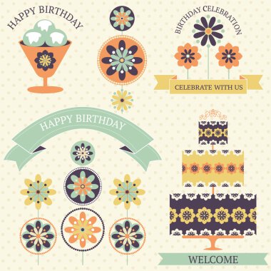 vintage renkler sanatsal çiçekli doğumgünü kutlama simgeler kümesi vektör.