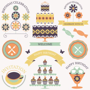 vintage renkler sanatsal çiçekli doğumgünü kutlama simgeler kümesi vektör.