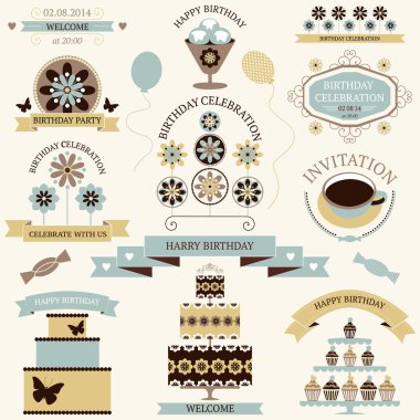 vintage renkler sanatsal çiçekli doğumgünü kutlama simgeler kümesi vektör.