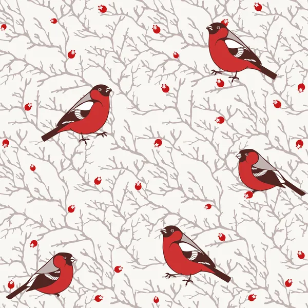 Winter seamless pattern with bullfinch birds on tree branches with red berries — Stock Vector