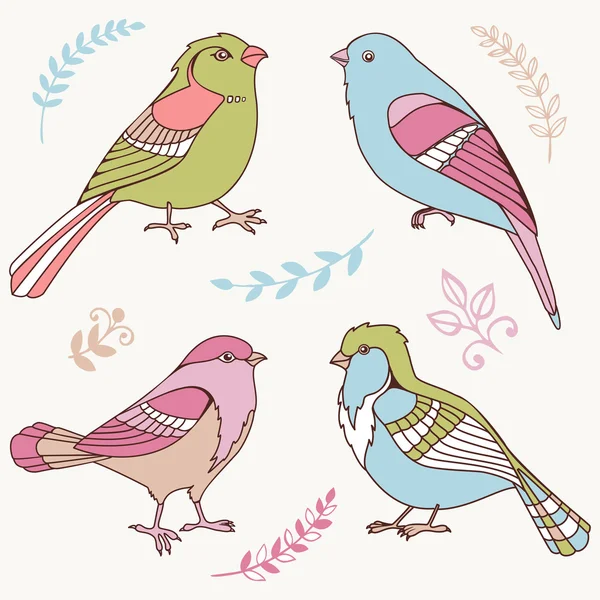 Векторный набор декоративных птиц и цветочных элементов . — стоковый вектор
